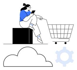 Female browsing smartphone near shopping cart, cloud, and gear shape. Ideal for online shopping, ecommerce, cloud computing, digital marketing, technology innovation business strategy. Flat simple