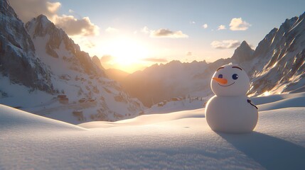 A happy snowman stands in a scenic snowy mountain landscape