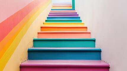 Obraz premium A vibrant, colorful staircase with rainbow hues leads upwards, showcasing creativity and a playful design against a light backdrop.