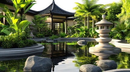 Fototapeta premium Serene AsianInspired Garden with Reflective Pond Stone Lanterns and Lush Greenery for Peacef