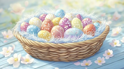 Painted Easter Eggs Woven Basket White Flowers Springtime Holiday Celebration Wooden Surface