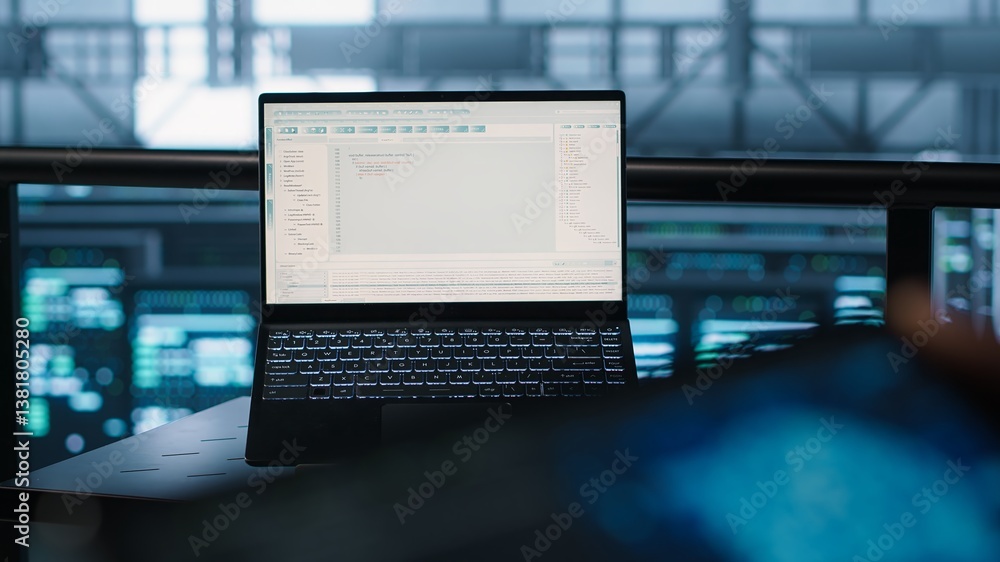 Poster programmer in data center using ai tech on tablet, testing equipment failover scenarios. server farm