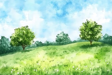 Obraz premium Watercolor summer landscape featuring a green meadow, trees, and blue sky. Hand-drawn countryside scenery, ideal for postcards, banners, or designs. Vibrant and serene nature illustration.