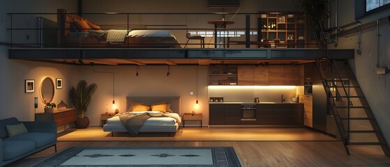 Cozy industrial loft warm ambient lighting floating mezzanine plush bed modern kitchen high end finish soft texture wooden flooring enhance welcoming feel Captured full frame DSLR f8 optimal sharpness