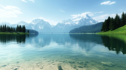 Naklejka premium Serene Mountain Lake with Crystal Clear Waters and Lush Greenery