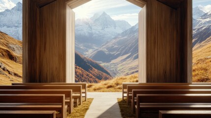 Serene Mountain View from a Wooden Interior with Benches and Open Windows