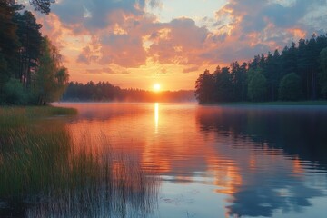 Fototapeta premium Lakeside Sunset Reflection with Reeds and Trees in Tranquil Spring Evening