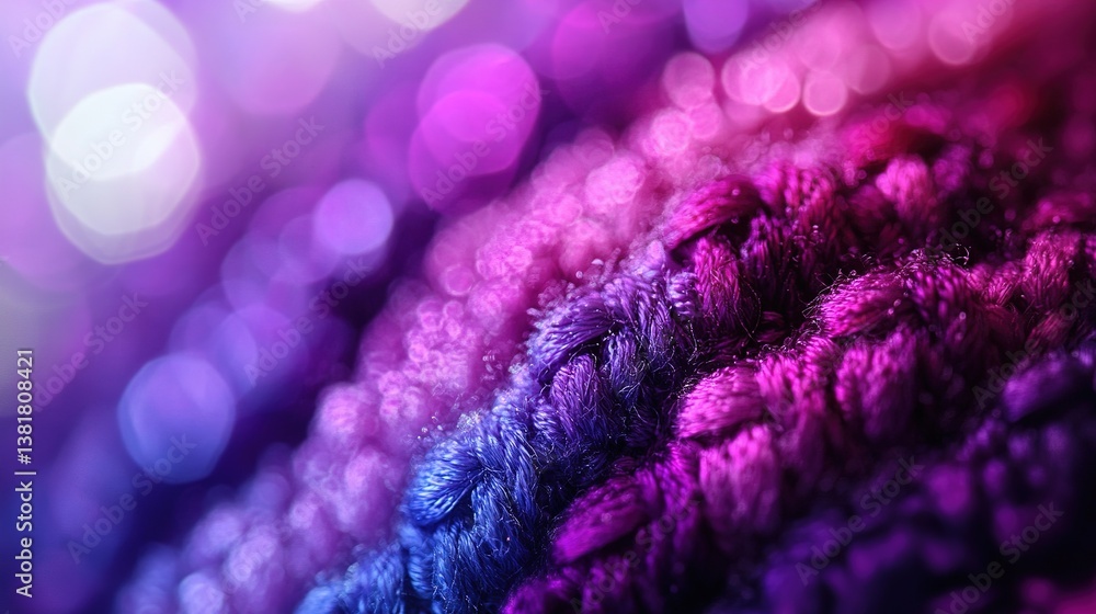 Poster gradient hues interwoven in textured yarn, with soft bokeh effects overlaying the scene