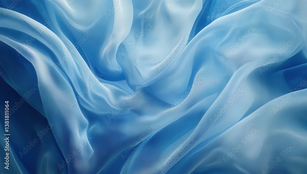 Poster abstract blue background featuring flowing waves of fabric, creating a sense of movement and depth, 