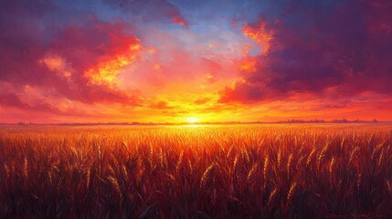 Fototapeta premium Sunset over Wheat Field in Summer with Dramatic Clouds and Golden Light