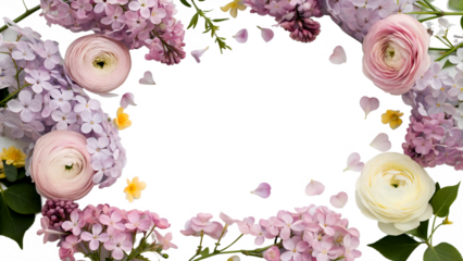 A floral frame with pink and white ranunculus flowers and purple lilac blossoms on a transparent background.