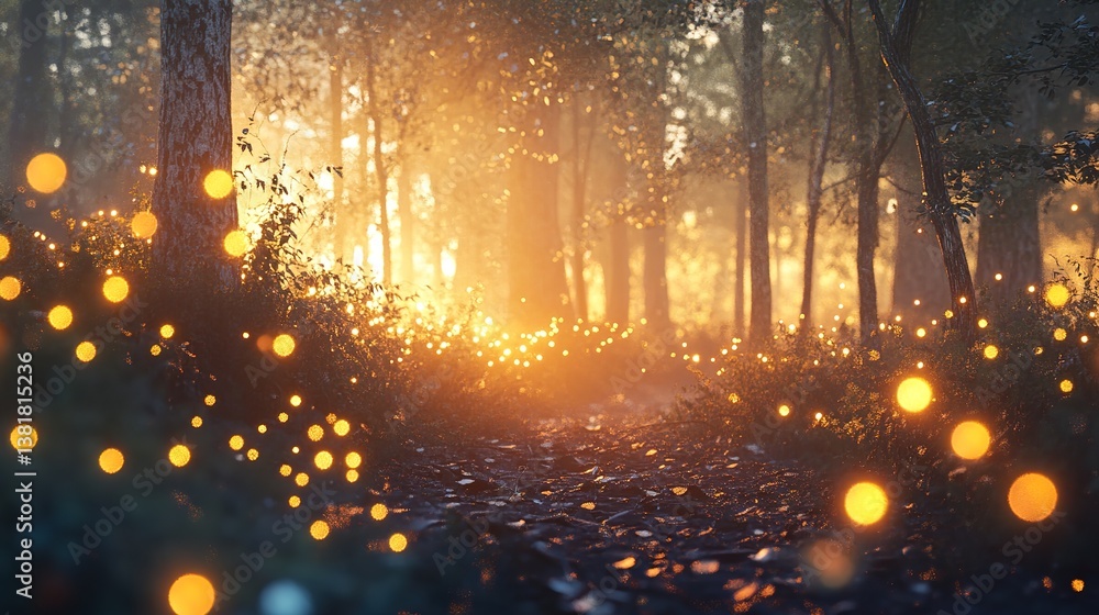 Poster enchanting forest path illuminated by ethereal golden orbs in a mystical scene