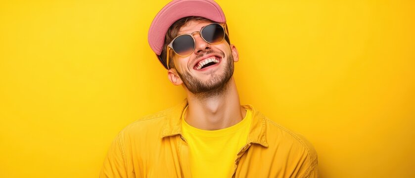 Smiling man stands against bright yellow backdrop