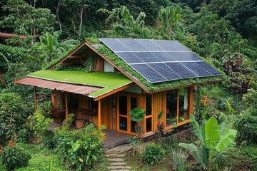 Obraz premium Eco-friendly house with solar panels in lush greenery showcases sustainable living and real estate innovation
