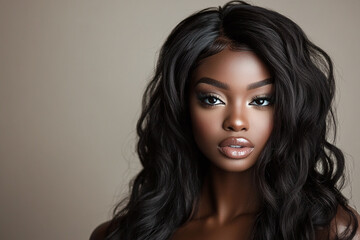 Naklejka premium Elegant Brunette Woman with Long Wavy Black Hair and Glamorous Makeup