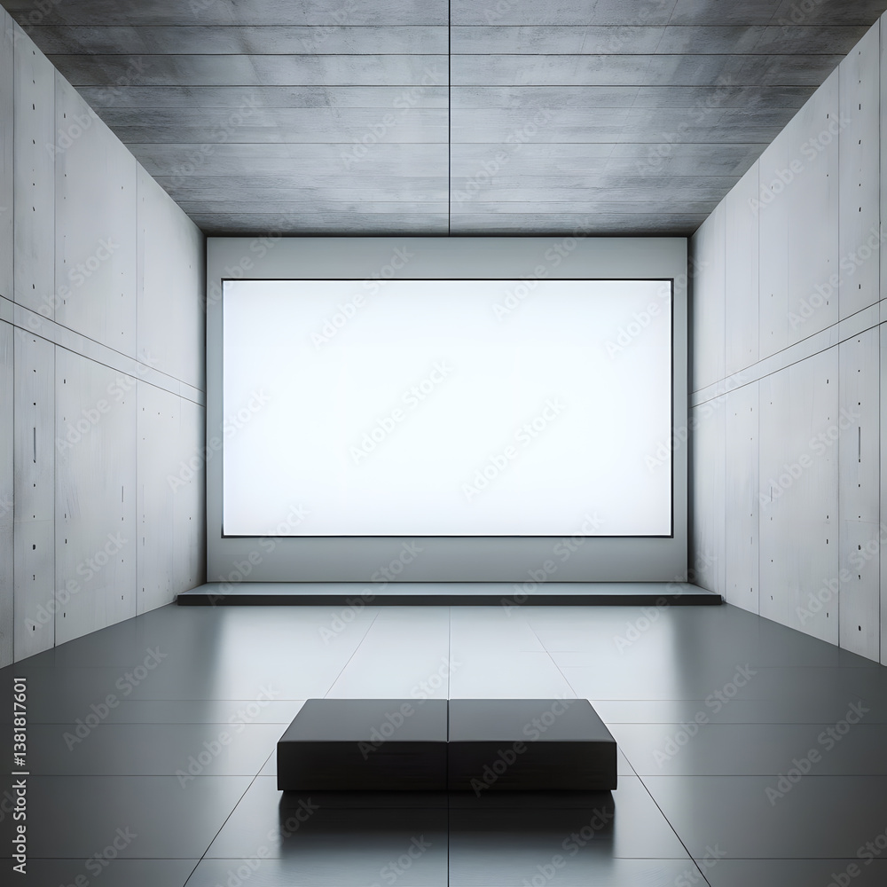 Poster a blank white screen glows in a concrete room, creating a minimalist and modern display space. gener