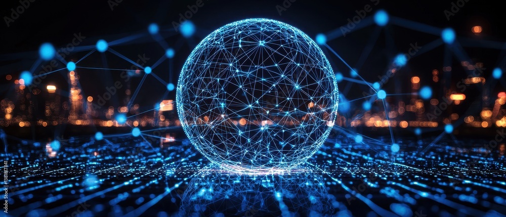 Poster futuristic digital organization concept with floating beba urban environment 3d visualization night 