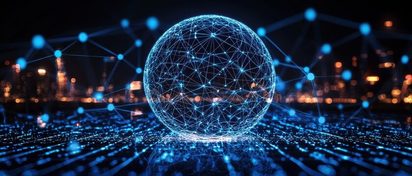 Futuristic digital organization concept with floating beba urban environment 3d visualization night view technology innovation