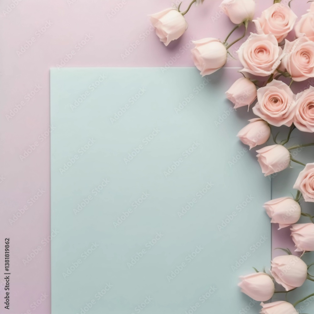 Poster soft pastel roses elegantly frame a blank card space against a light pink background, inviting perso