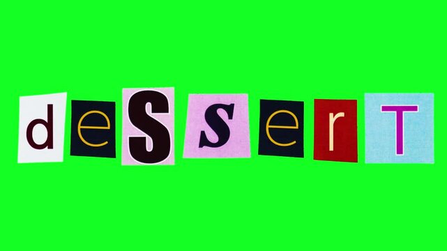Template logotype with the title dessert complied from magazine cut letters moving in loop animation against chroma key background. Stop motion of the word made of crumpling and unwrapping signs