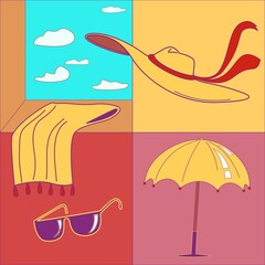 Hat, Towel, Parasol, Sunglasses - Abstract illustration on Summer Theme