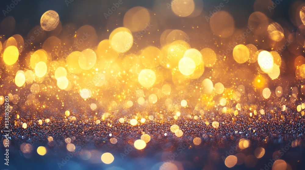 Poster enchanting golden bokeh lights with sparkling glimmering effect on dark blue background