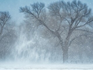 A winter scene of snow falling around bare trees