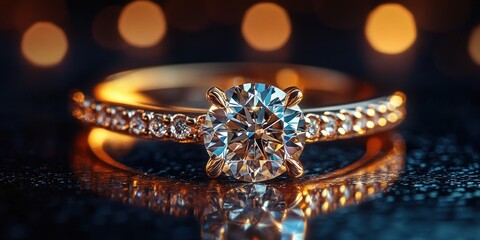 Gold diamond ring on reflective surface with soft focus blue background 3d rendering