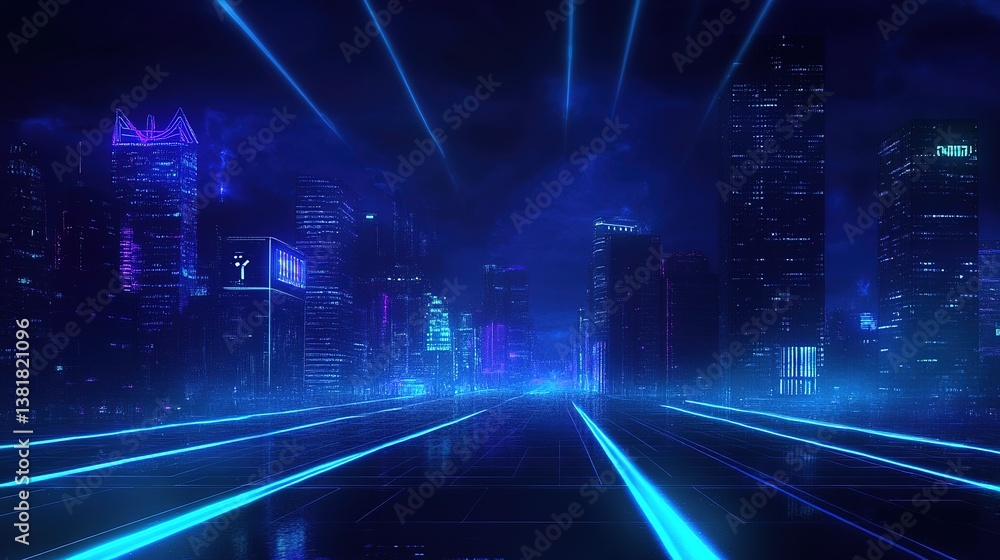 Poster futuristic cityscape illuminated with neon lights and digital grid patterns