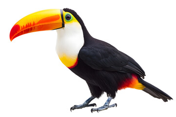 Fototapeta premium Full-body shot of a colorful toucan with a bright yellow beak, isolated on white background
