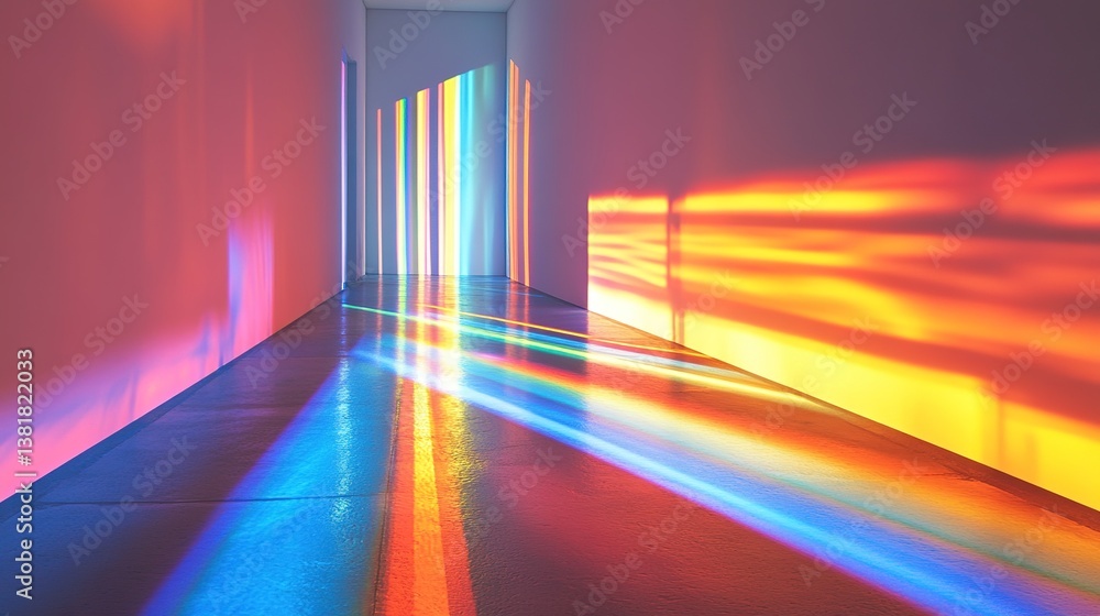Poster spectrums of light filtering through minimalist architecture corridor space