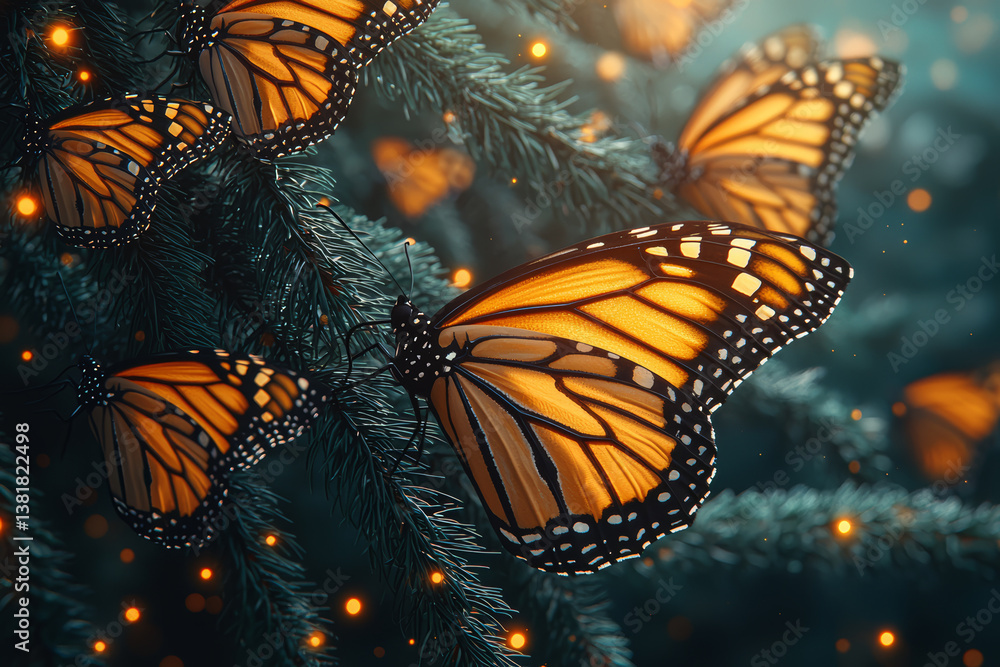 Aufkleber a monarch butterfly cluster hanging from oyamel fir branches in a mexican forest. concept of migrati