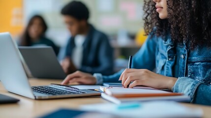 students working on laptop in classroom