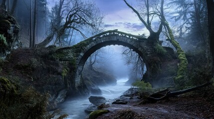 Enchanted Forest Archway Over a Mysterious River Surrounded by Fog and Ancient Trees Ideal fo