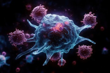Immune Cells Attack Cancer Cell Photorealistic 3D Rendering Illustration