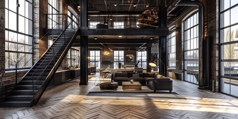 Spacious industrial loft vintage aesthetic open concept layout black steel staircase leading mezzanine large floor ceiling window letting soft morning light rustic wooden flooring herringbone pattern