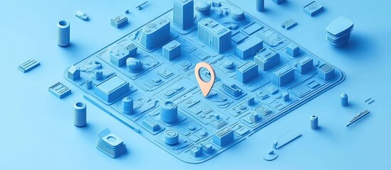 Isometric Navigation Map with Location Pins and Icons in Pastel Blue Background for Transportation and Travel Concepts