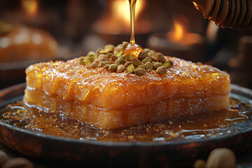 A golden Turkish baklava drizzled with honey and crushed pistachios. Concept of Ottoman sweets and layered indulgence.
