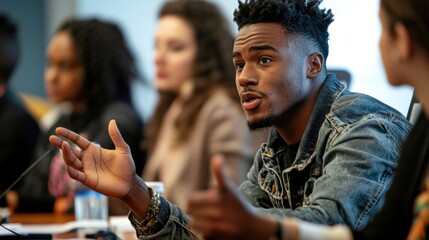 Young businessman gesturing while speaking passionately during a business meeting, suggesting active engagement and persuasive communication in a professional environment