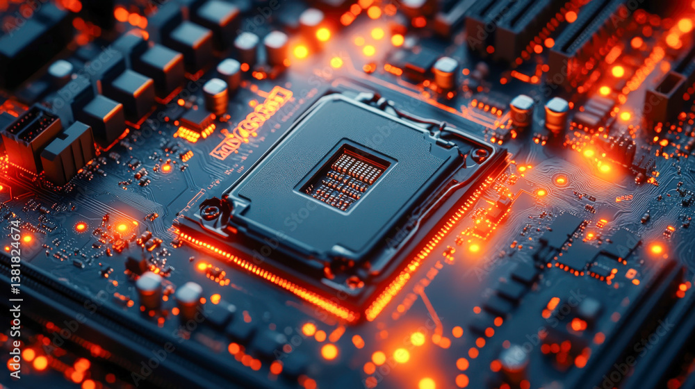 Poster displaying intricate details of a photorealistic abstract motherboard texture with glowing elements 