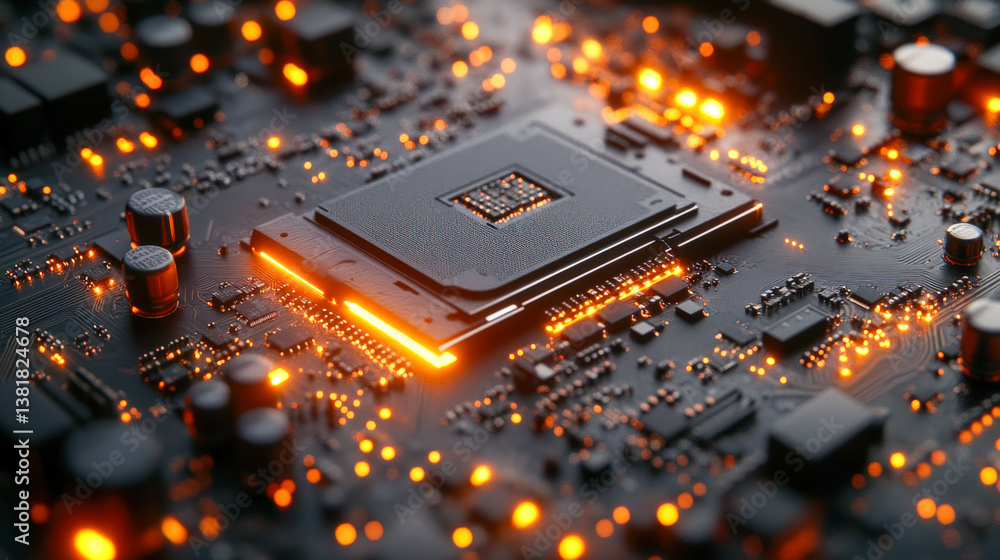 Poster exploring the intricate details of a photorealistic abstract motherboard texture filled with glowing