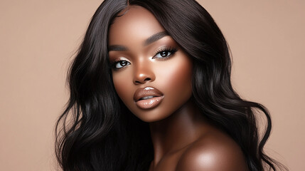 Naklejka premium Elegant Brunette Woman with Long Wavy Black Hair and Glamorous Makeup