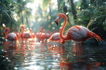 A flamingo colony wading through shallow saltwater lagoons. Concept of filter-feeding adaptations and vibrant colonies.