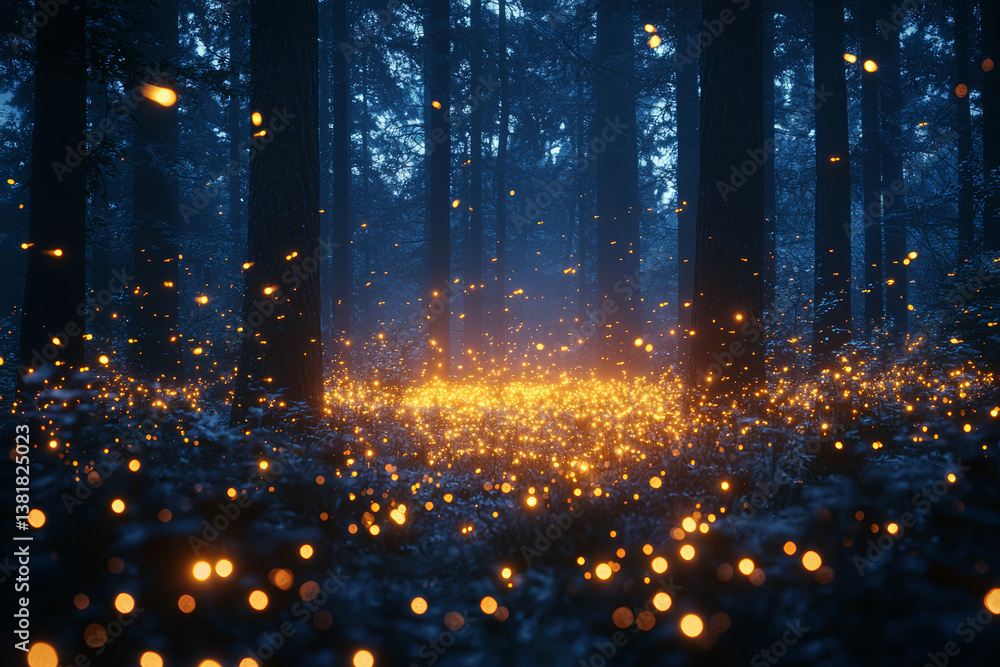 Canvas Prints a firefly swarm illuminating a summer forest at dusk. concept of bioluminescence and nocturnal encha
