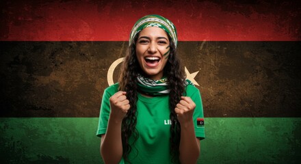 Enthusiastic Libyan Woman Celebrates, Wrapped in National Pride and Traditional Scarf
