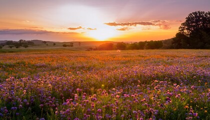 A field of wildflowers in full bloom, stretching to the horizon under a golden sunset.