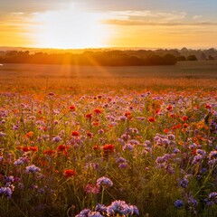 A field of wildflowers in full bloom, stretching to the horizon under a golden sunset.