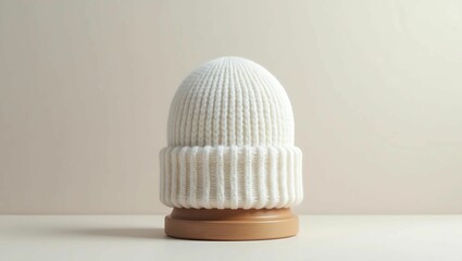 A minimalistic close-up of a white knitted beanie on a wooden stand against a neutral background. Soft, warm, and stylish, perfect for winter fashion and cold weather accessories