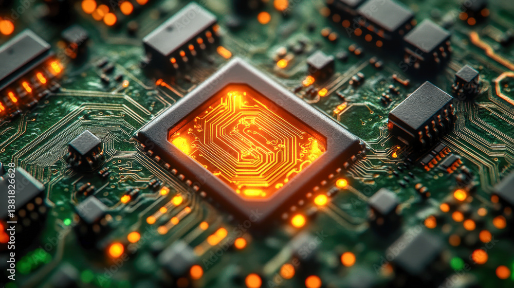 Poster circuit board art nouveau design exhibits intricate patterns and vibrant colors symbolizing technolo