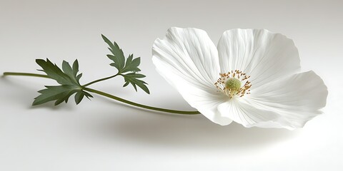 White Poppy Flower with Stem, and Leaf.